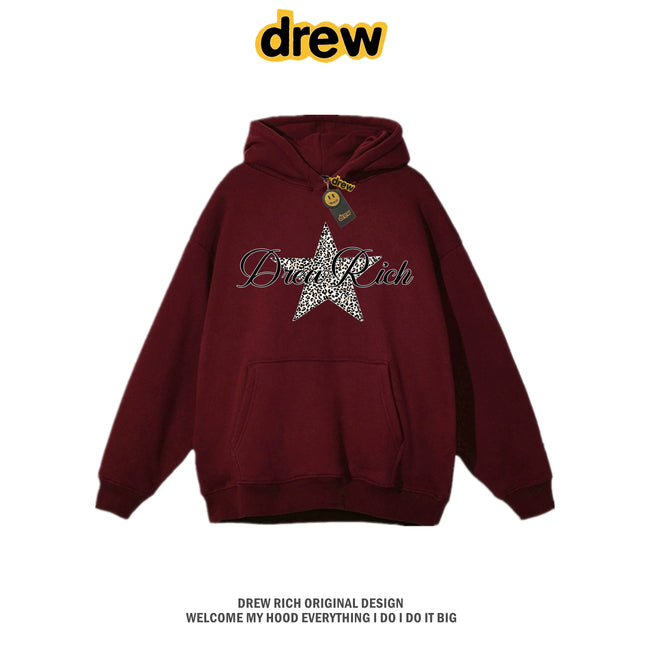Drew Rich Wine Red Leopard Star Graphic Unisex Hooded Sweatshirt Hover Image
