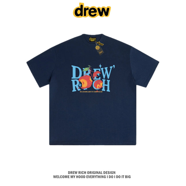 Drew Rich Navy Blue Peach Graphic Heavyweight Cotton Unisex T-shirt Hover Image