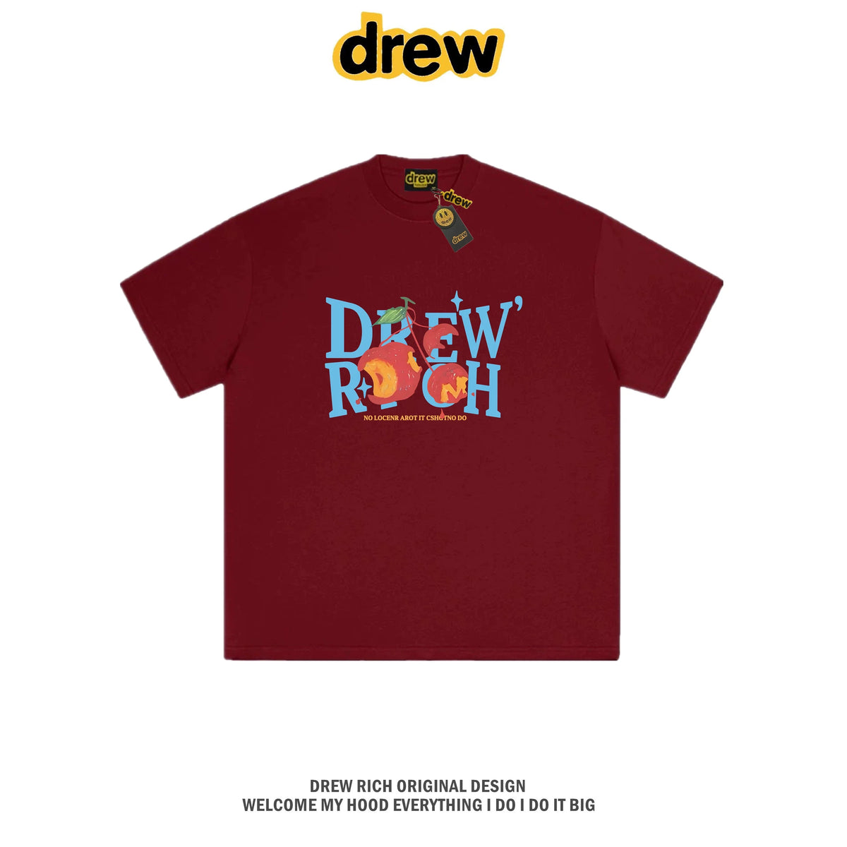 Drew Rich Wine Red Peach Letter Graphic Unisex Cotton T-shirt