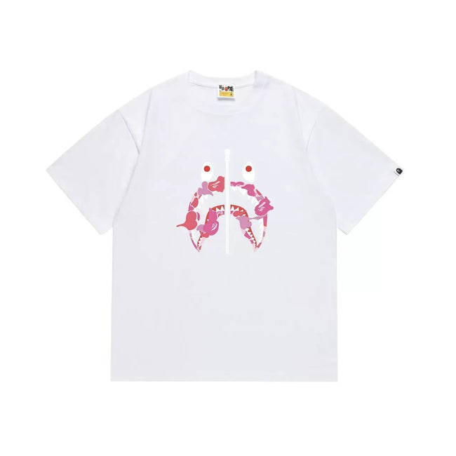 BAPE Style Camo Shark Full-Zip Motif Short-Sleeve Tee - White/Pink Hover Image